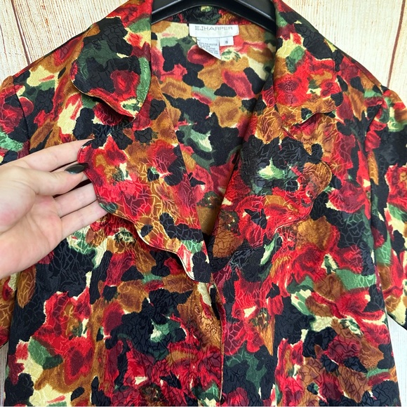 Vintage EJHarper Red Floral Scallop Neckline Button Down Size 8 - Picture 5 of 7